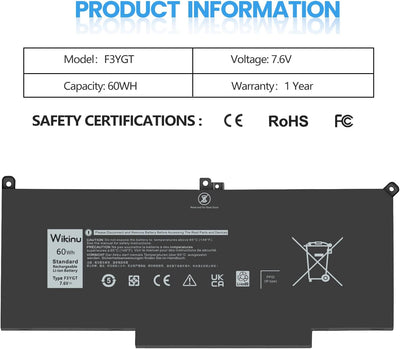 Wikinu 60Wh F3YGT Laptop Akku für Dell Latitude 12 7000 7280 7290 13 7000 7380 7390 P29S002 14 7000