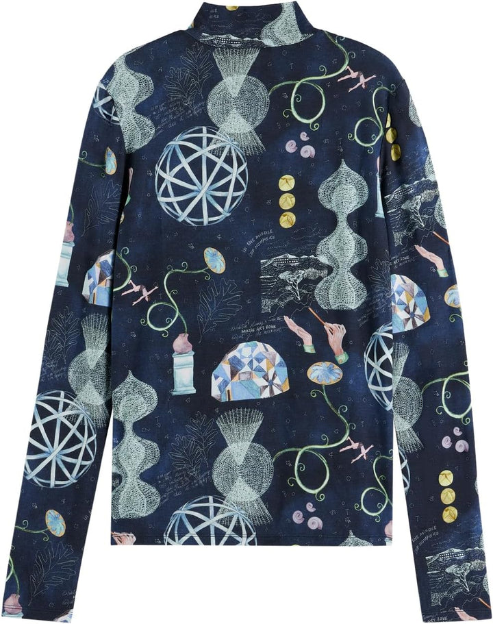 Scotch & Soda Damen All Over Printed Slim-fit Ls T-Shirt XS Black Mountain, XS Black Mountain