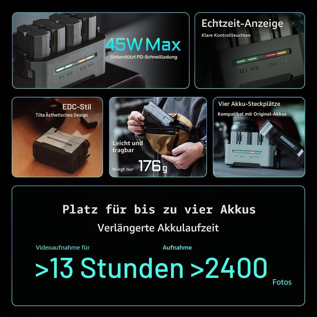 TILTA NP-FZ100 Akku-Ladegerät | Tragbare Ladestation | Lädt 4 Akkus mit USB-C PD 45 W Schnellladung