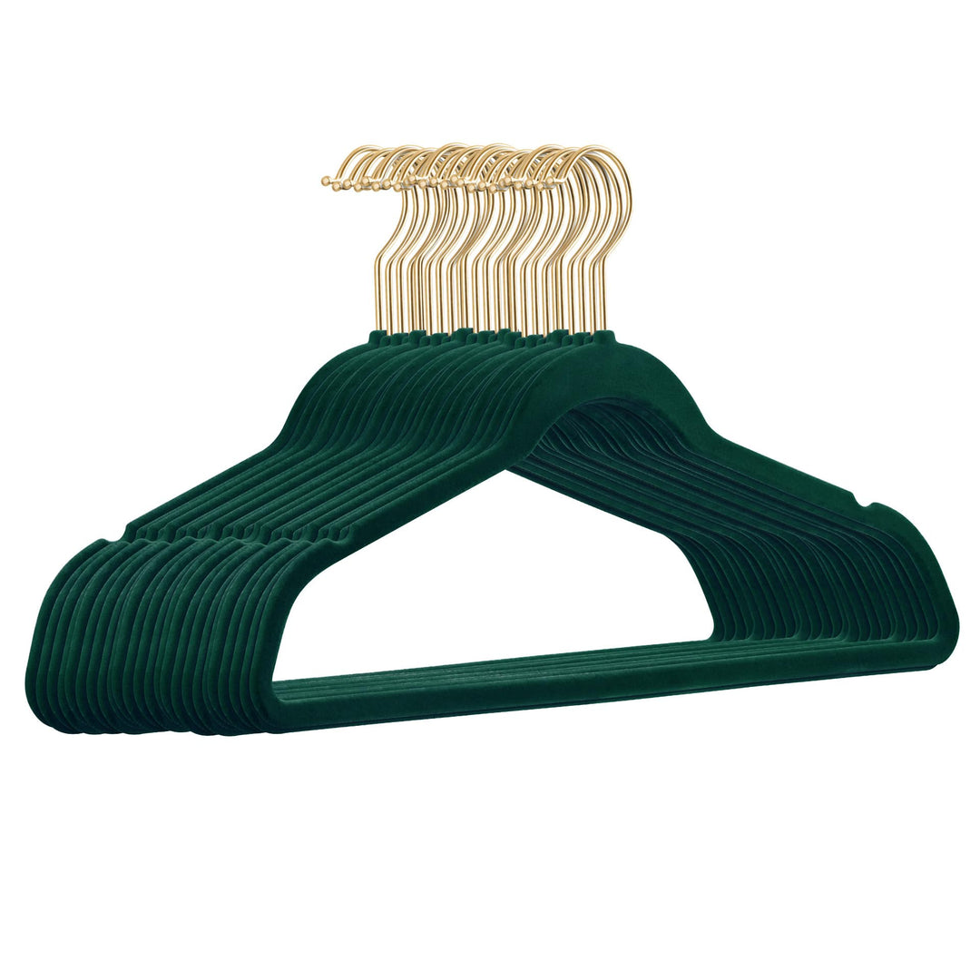 25er Set hochwertige Samt Kleiderbügel in der Farbe Dunkelgrün mit Gold Look Haken/Anti-Rutsch/von S