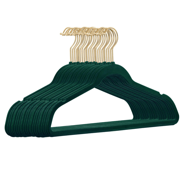 25er Set hochwertige Samt Kleiderbügel in der Farbe Dunkelgrün mit Gold Look Haken/Anti-Rutsch/von S