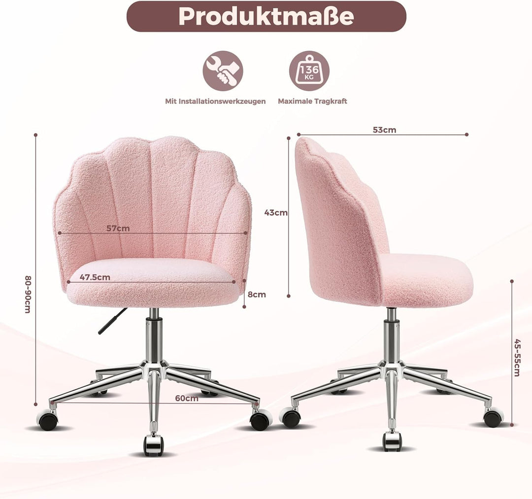 Schminktisch Stuhl mit Rollen, Drehstuhl für Mädchen, Muschelstuhl für Schlafzimmer und Home Office,