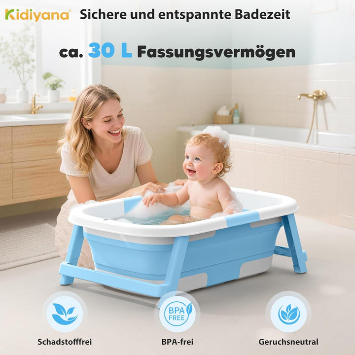 Baby Badewanne faltbar mit Gestell, stabil und rutschfest, platzsparend klappbar, mit Ablauf, PP & T