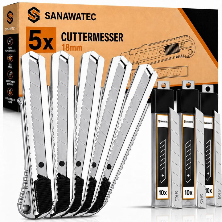 SANAWATEC 5x Cuttermesser profi 18mm + 30x Abbrechklingen Teppichmesser profi Katamesser cutter mess