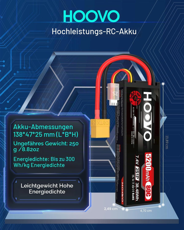2S LiPo Akku 7,4V 5200mAh 80C RC Akkus Hartschalenkoffer mit XT60 Stecker Ersatzakku HOOVO für RC Ca