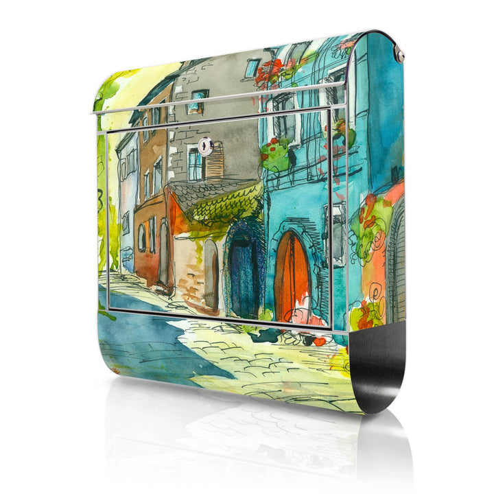 banjado® Briefkasten Edelstahl mit Motiv Historischer Stadtkern 38x43x12cm &amp; 2 Schlüssel - rostfreie