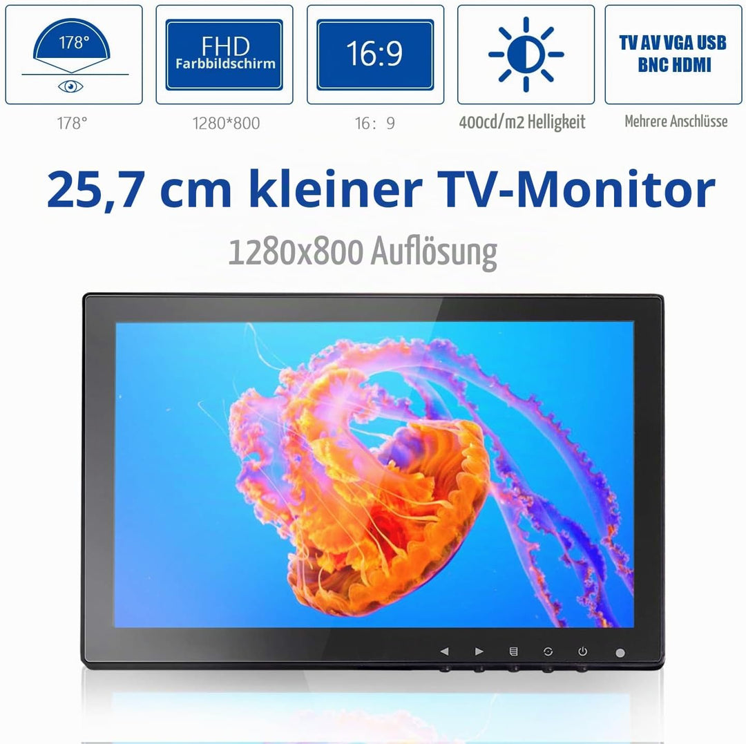 10,1 Zoll CCTV Monitor IPS LCD HDMI Farbbildschirm 1280 x 800 breiter Betrachtungswinkel mit AV/VGA/