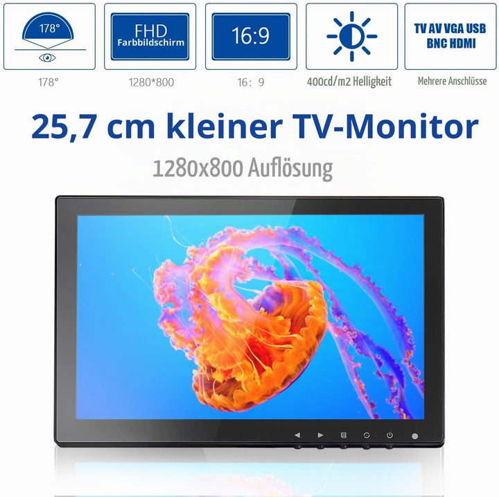 10,1 Zoll CCTV Monitor IPS LCD HDMI Farbbildschirm 1280 x 800 breiter Betrachtungswinkel mit AV/VGA/
