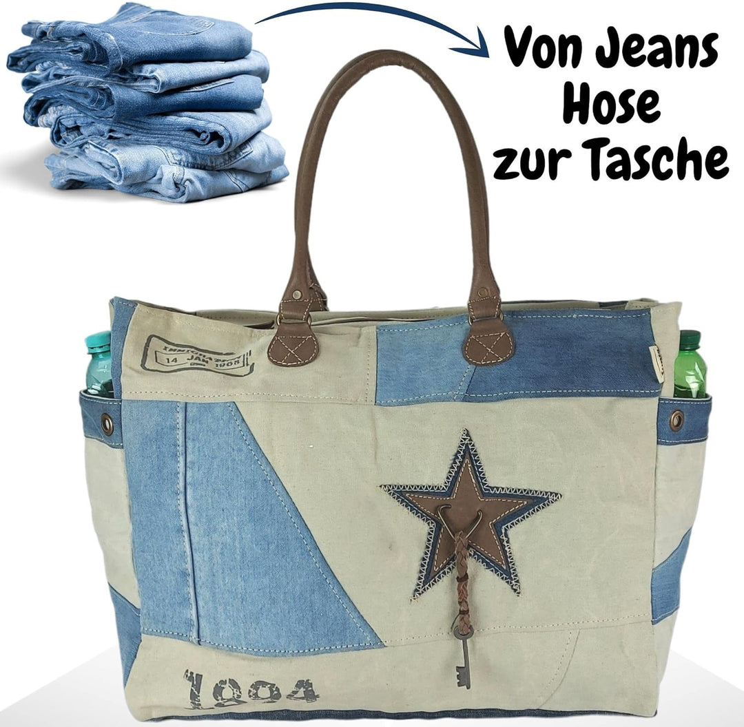 Sunsa Damen Handtasche. XXL Tasche aus Canvas recycelte Jeans & Leder. Nachhaltige Strandtasche/Week