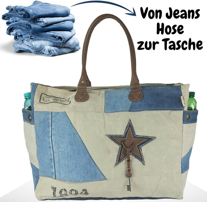 Sunsa Damen Handtasche. XXL Tasche aus Canvas recycelte Jeans & Leder. Nachhaltige Strandtasche/Week