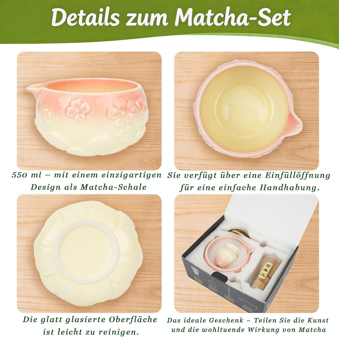 Matcha Set, 8-teilig mit 550ml Keramikschale &amp; Chasen | 550ml Keramikschale mit Ausguss und Sakura-R
