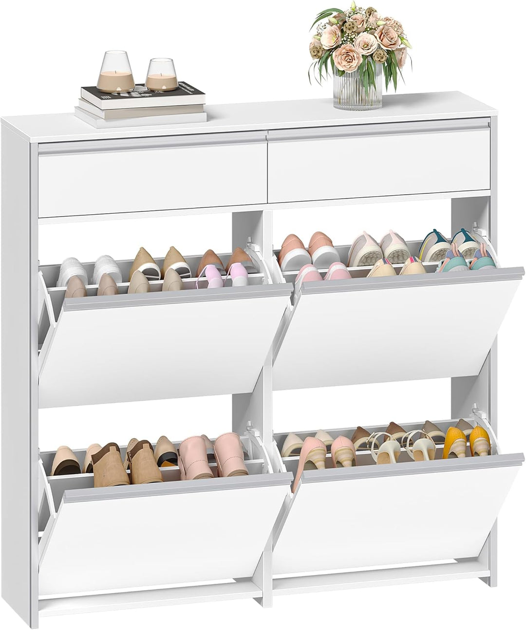 Schmaler Schuhschrank mit 4 Klapptüren, Schuhkipper, Schuhregal mit Schublade, Schmaler Schuhkommode
