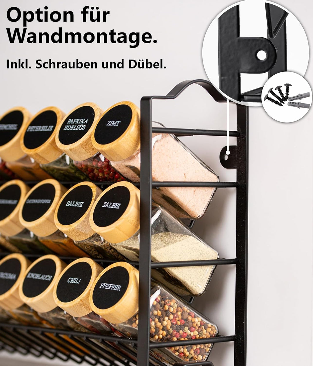 Deco haus® Gewürzregal Stehend & Wand [MIT GEWÜRZDOSEN & ETIKETTEN] - Gewürz Organizer - Spice Rack