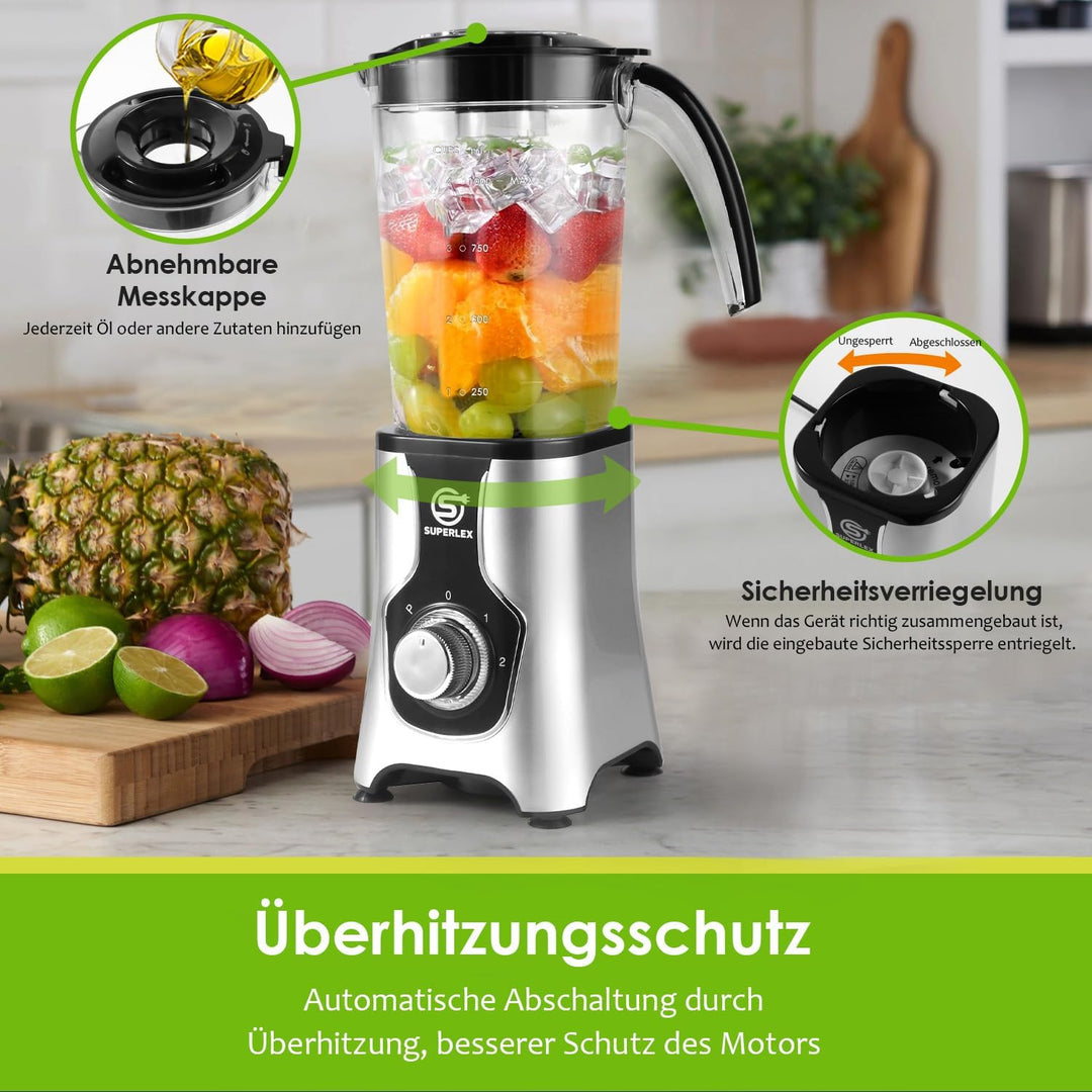 SUPERLEX Elektrischer Smoothie-Maker und Standmixer Set, Multifunktions-Standmixer zum Entsaften, Ma