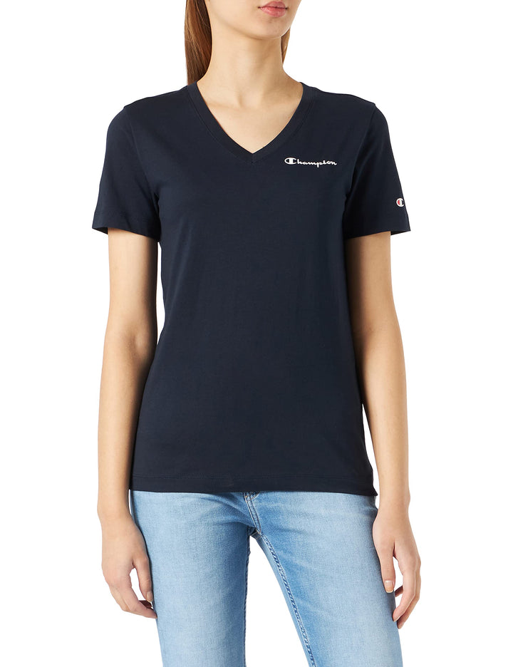 Champion Damen American Classics-Small Logo S/S V-Neck T-Shirt M Blau (Marine), M Blau (Marine)