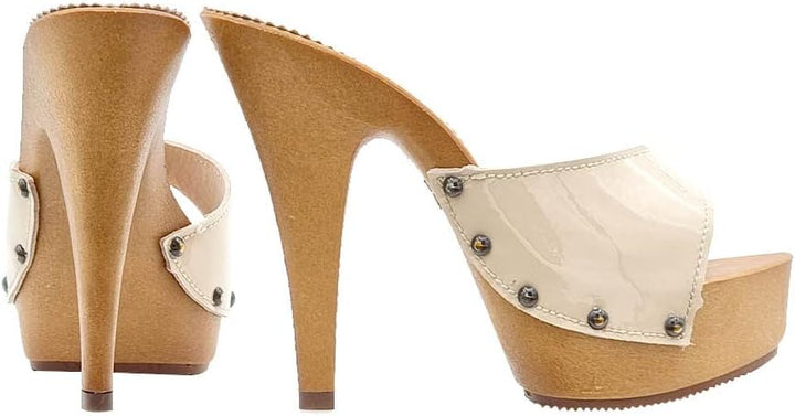 Holzschuhe aus beigem Lackleder und Absatz 13 - Made in Italy - K93001 VERN BEIGE (38 EU, BEIGE) 38