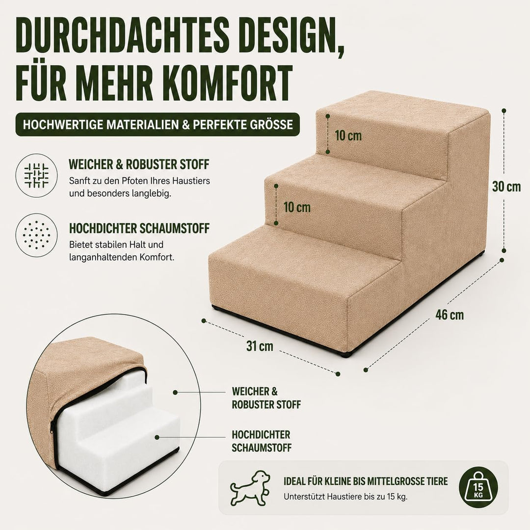 Muralo Hundetreppe 3 Stufen für Kleine Hunde, Katzen, Velvet - Gelb | Haustiertreppe 30 cm, rutschfe