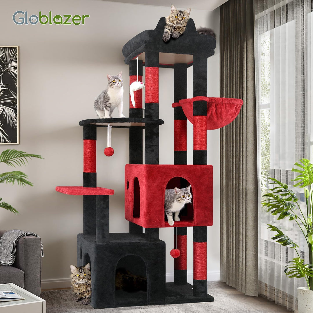 Globlazer Kratzbaum Schwarz Rot für 3-5 Grosse Katzen 156 cm mit 2 Extragross Katzenhaus 45 * 40 * 3