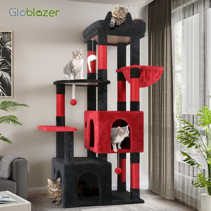 Globlazer Kratzbaum Schwarz Rot für 3-5 Grosse Katzen 156 cm mit 2 Extragross Katzenhaus 45 * 40 * 3