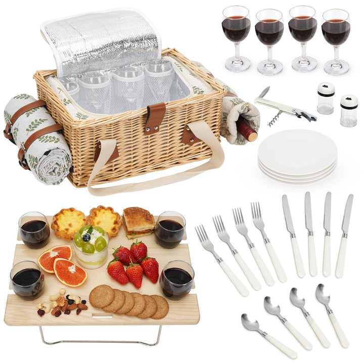 Picknickkorb-Set mit Mini-Klapptisch und Besteck-Set, Picknickkorb für 4 Personen mit kühltaschen, F