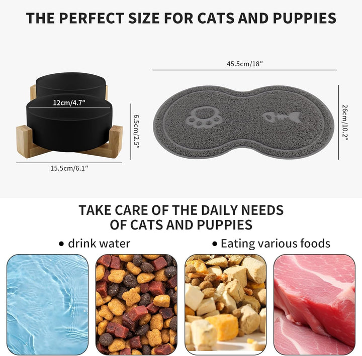 Katzennapf, 2 Stück Keramik Futternapf Katze Set, 3-in-1 rutschfeste Katzennäpfe mit Holzstände und