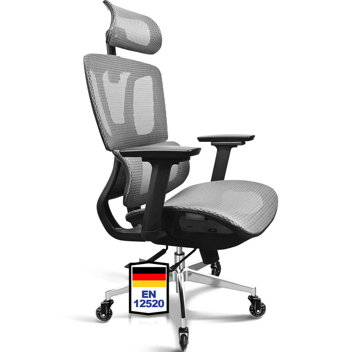Bürostuhl Ergonomisch, 4D-Armlehnen, Verstellbare Sitztiefe, 4-stufige Neigung, Gummirollen, Mesh-Si