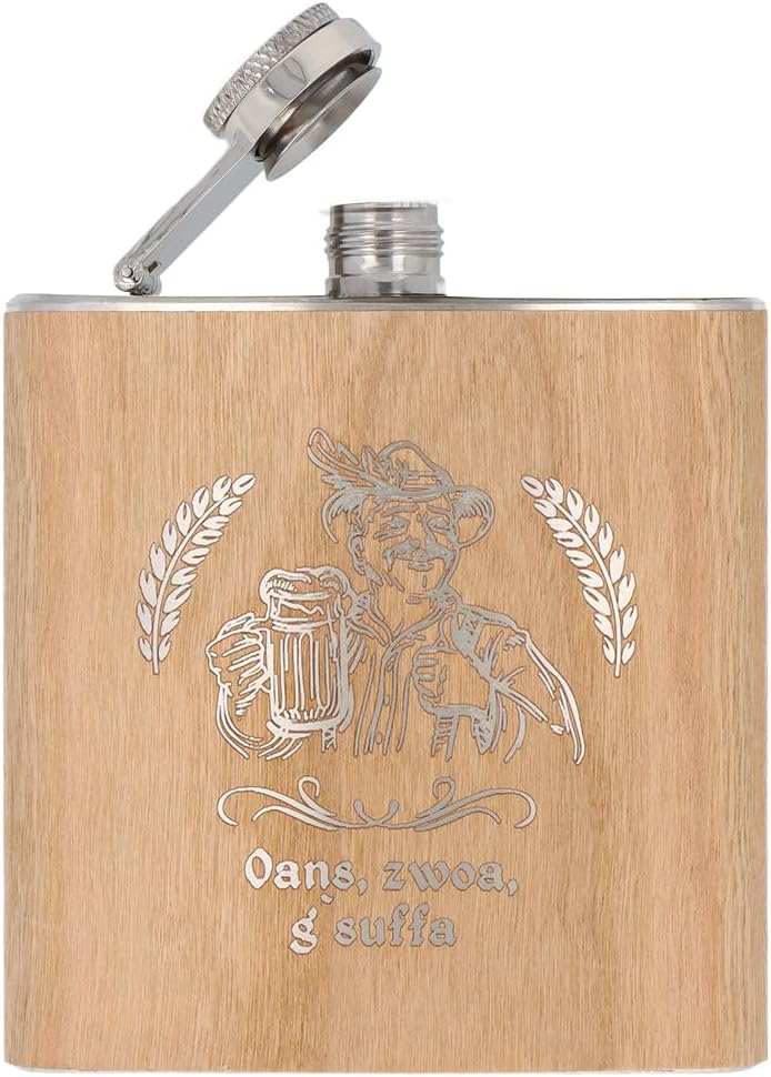 Spruchreif | Flachmann "Oans, zwoa, g’suffa" mit Mann-Motiv | Gravierte Edelstahl-Hip Flask | 170 ml
