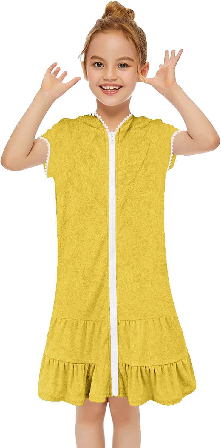 Mädchen Kurzarm Frottee Badeponcho mit Seitentaschen Lila Reissverschluss Surf Poncho, Kapuzen-Badem