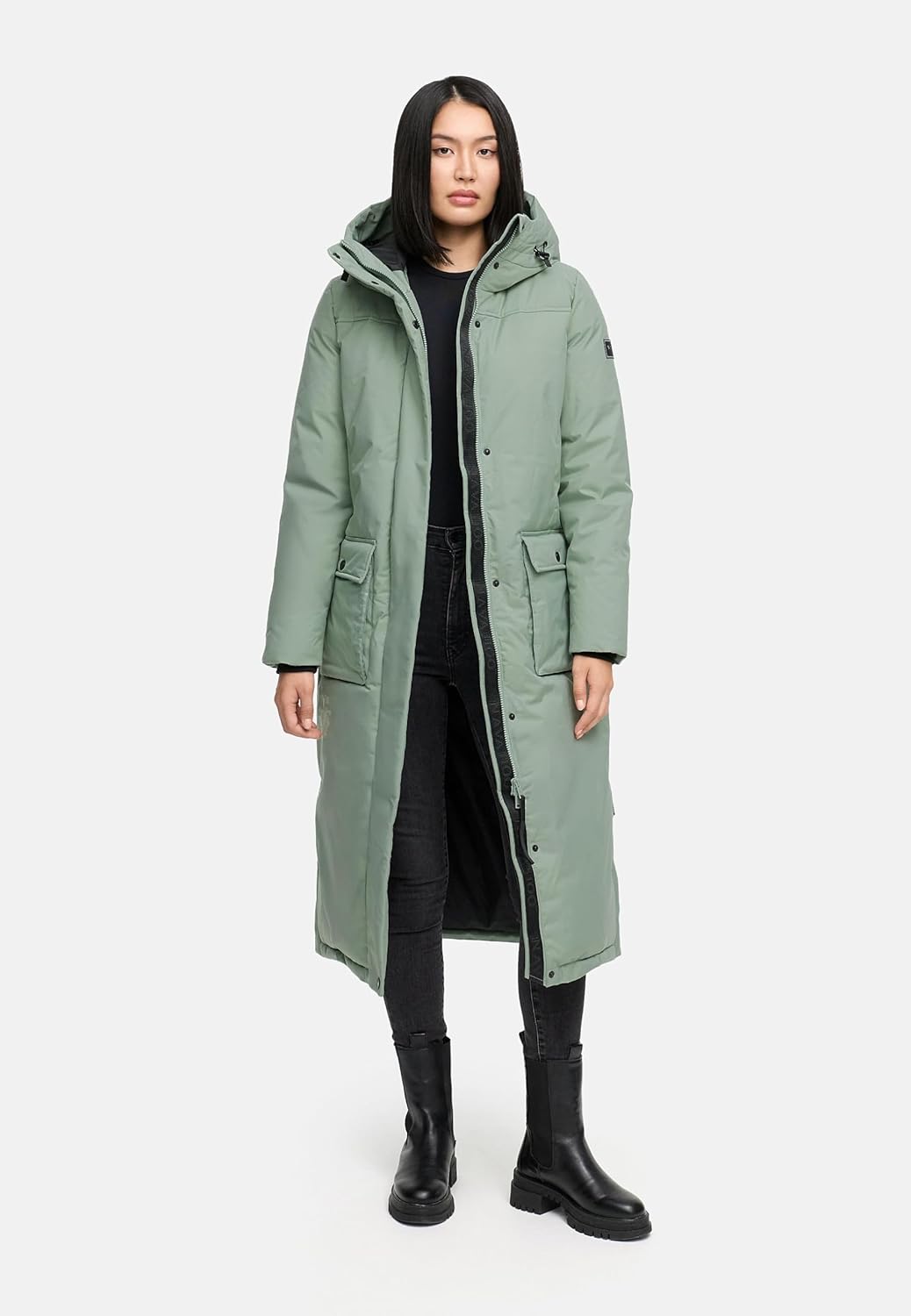 Navahoo Damen Wintermantel Warmer Mantel extralang mit Kapuze Wolkenfrost XIV XS-XXL XS Smokey Mint,