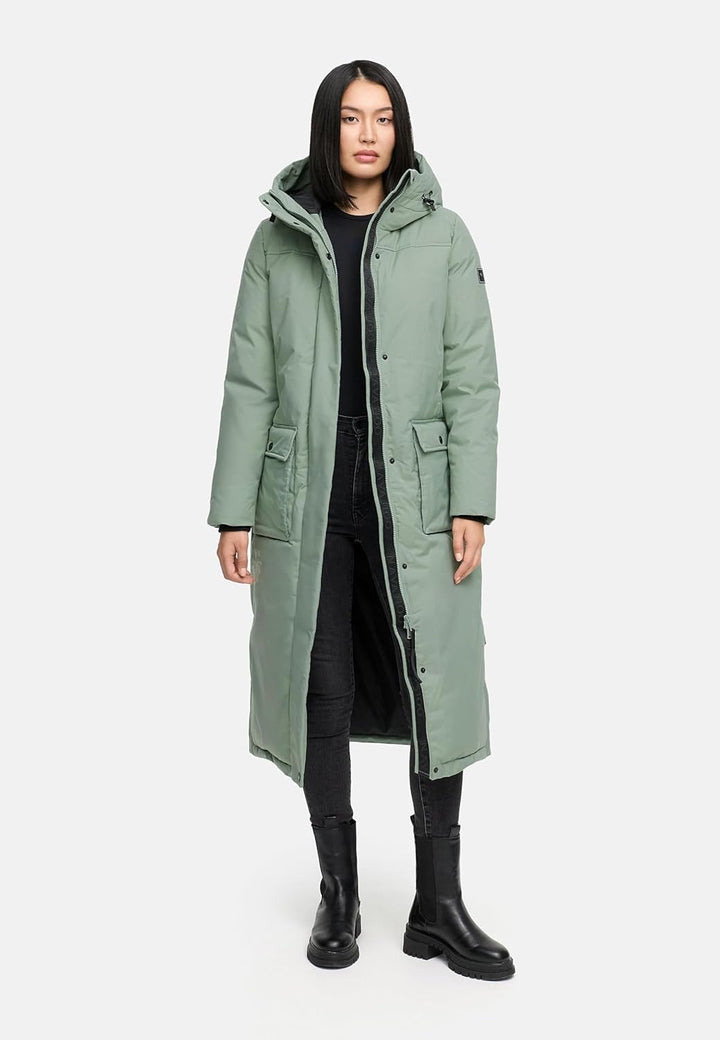 Navahoo Damen Wintermantel Warmer Mantel extralang mit Kapuze Wolkenfrost XIV XS-XXL XS Smokey Mint,