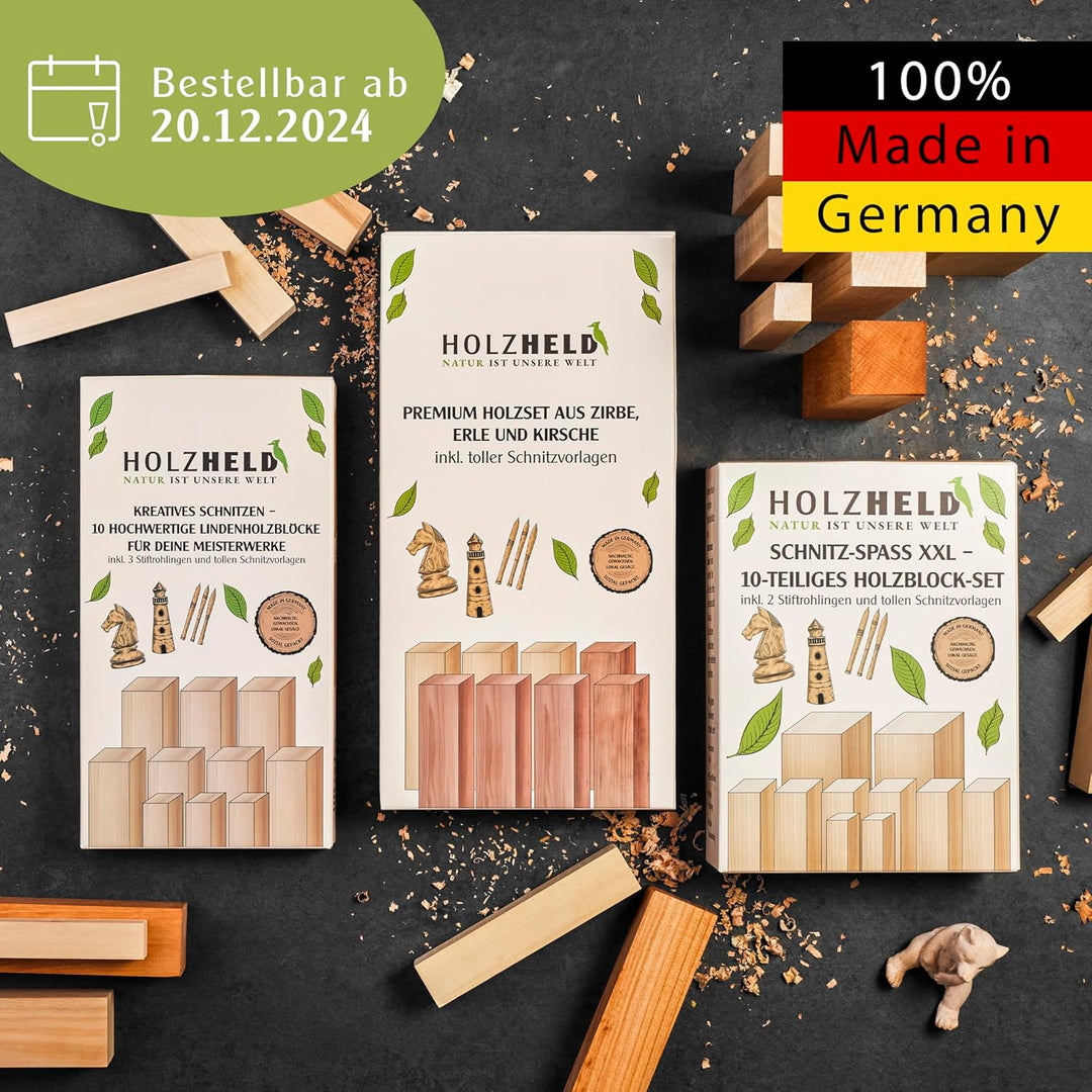 HOLZHELD hochwertiges Schnitzwerkzeug (24 teil.) inkl. 32 S. Anleitung 4 Vorlagen u dt. Schnitzholz