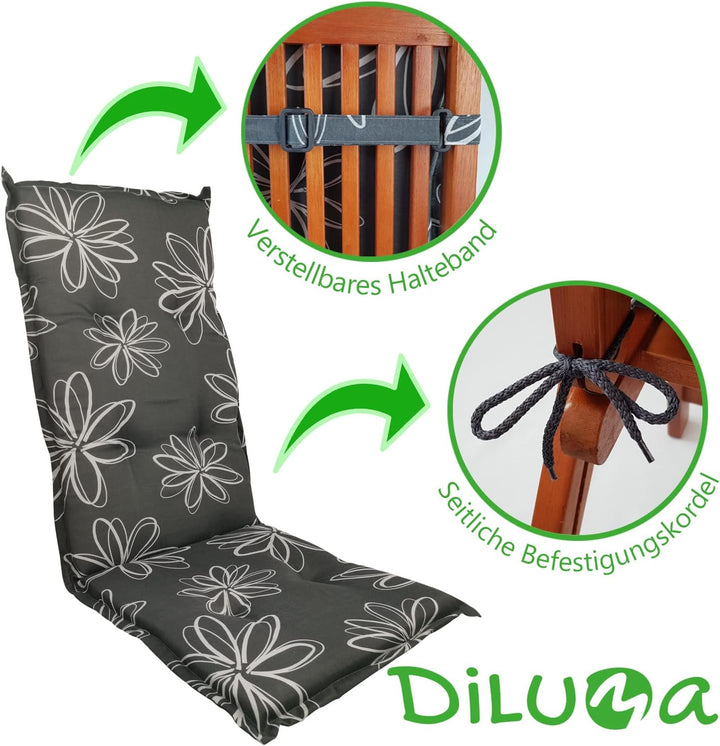 DILUMA Hochlehner Auflage Naxos für Gartenstühle 4er Set 118x49 cm Blume Schwarz - 6 cm Starke Premi