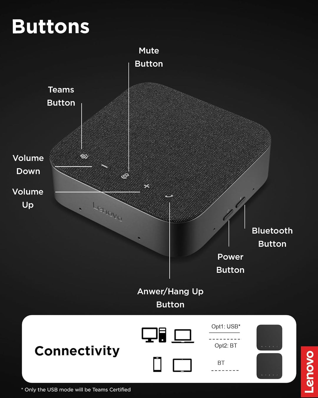 Lenovo Wireless Speakerphone 6000, Kabellos, Bluetooth 5.3, 8 Beamforming-Mikrofone, KI-Geräuschunte