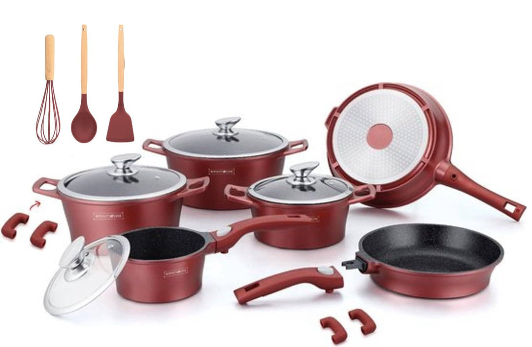 ROYALTY LINE Set aus 14 Töpfen und Pfannen aus Stein, Modell RL-ES2014M - Rot Bordeaux, Pfannen mit