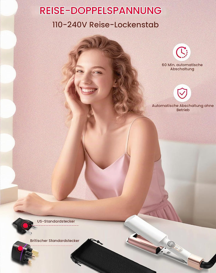 UKLISS Welleneisen - Pro Mini Welleneisen für Haare mit 2 Reiseadaptern, LCD-Anzeige [120-210℃] Beac