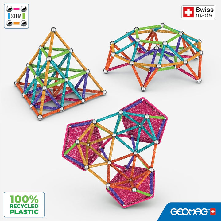 GEOMAG - GLITTER 142 Stück - 100% recyceltes Kunststoff - Magnetisches Bausteinset für Kinder ab 3-4