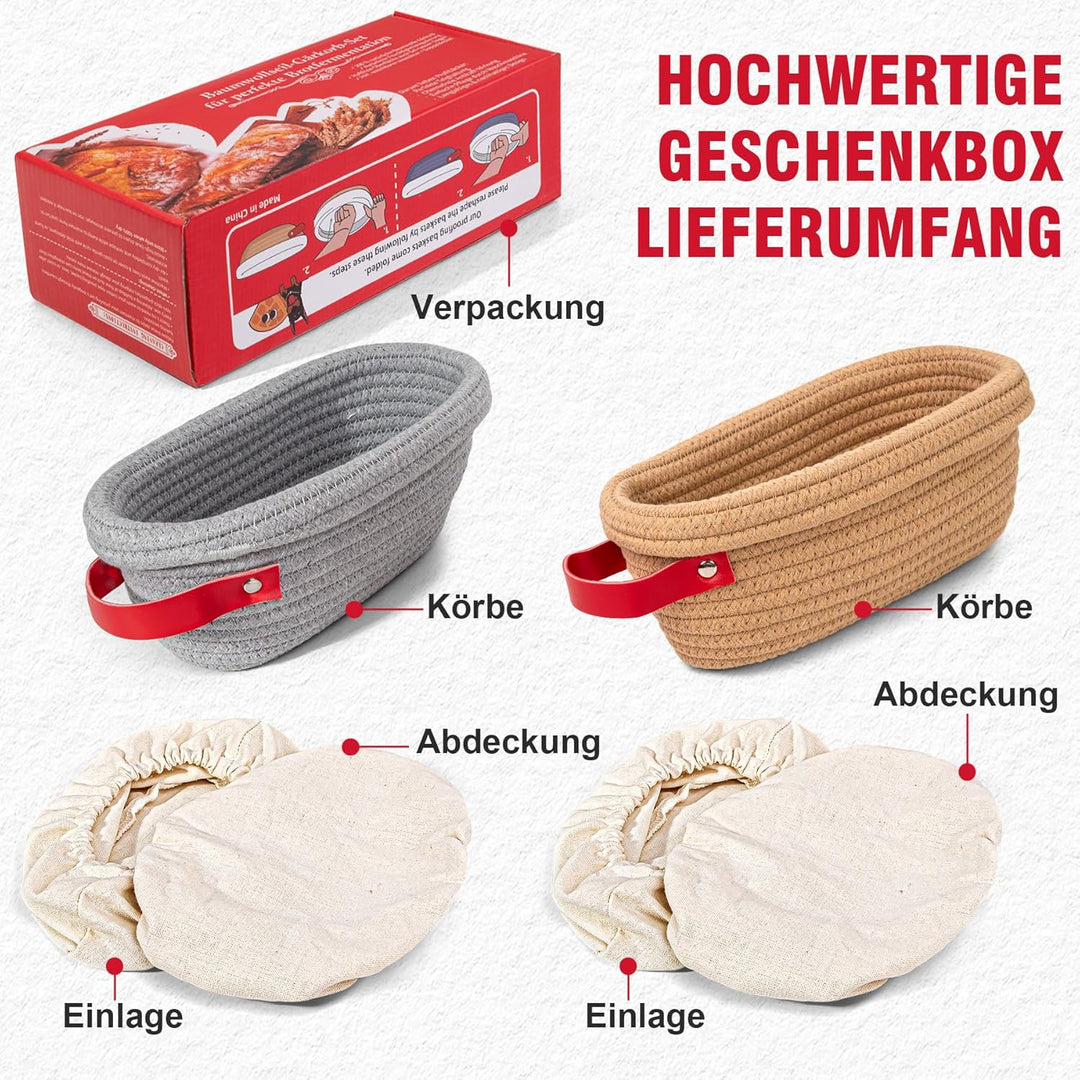 Gärkörbchen- Sauerteig Brot Gärkorb Set – 2 x 26 cm Oval mit Bezug & Deckel | Natursauerteig Gärkorb