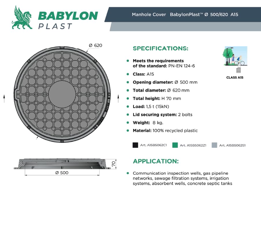 BABYLONPLAST Schachtabdeckung, Kanaldeckel Ø500 Kl.A15, Kunststoff Schachtdeckel A15, Belastbar bis