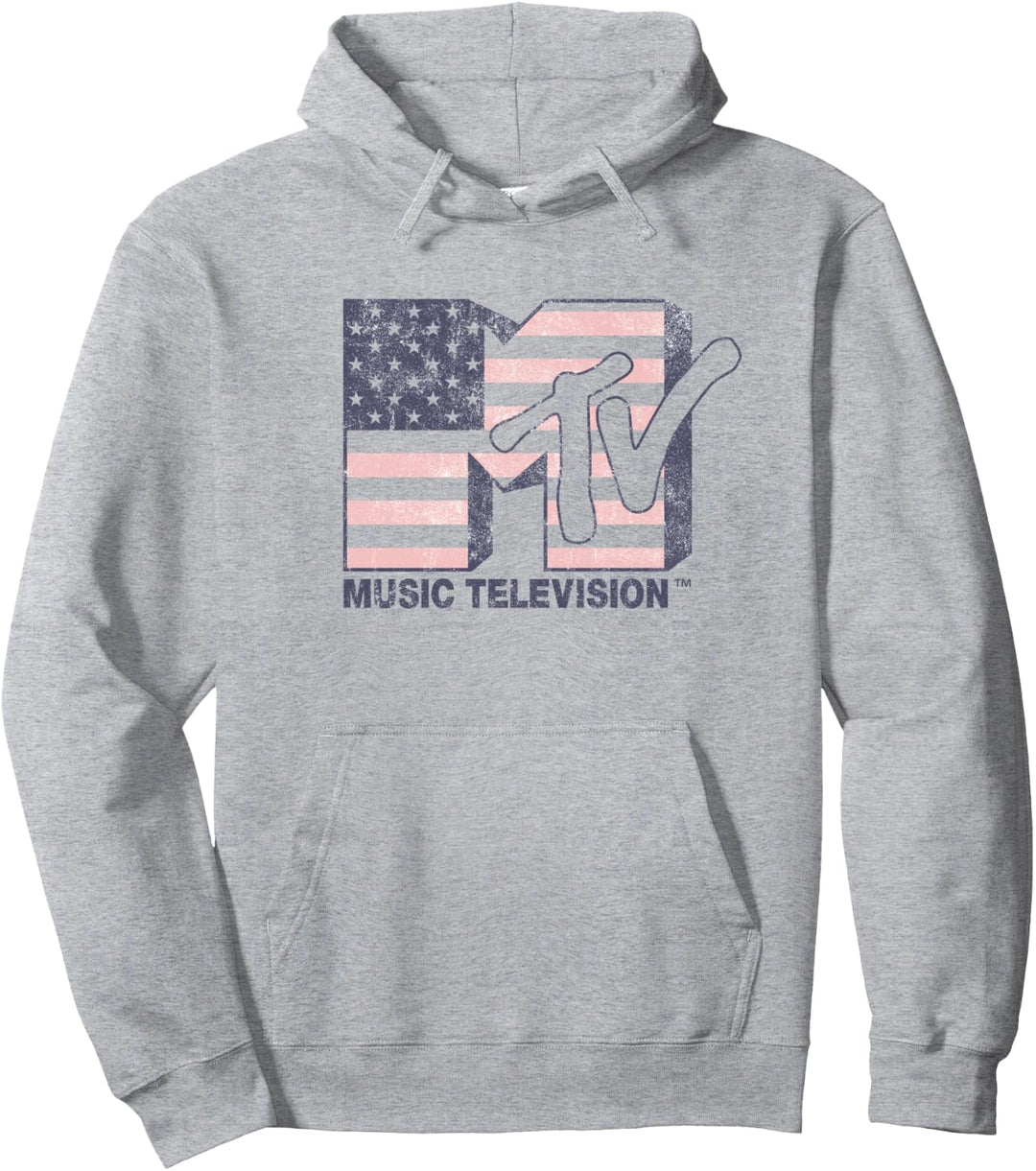 MTV Distressed American Flag Logo Pullover Hoodie