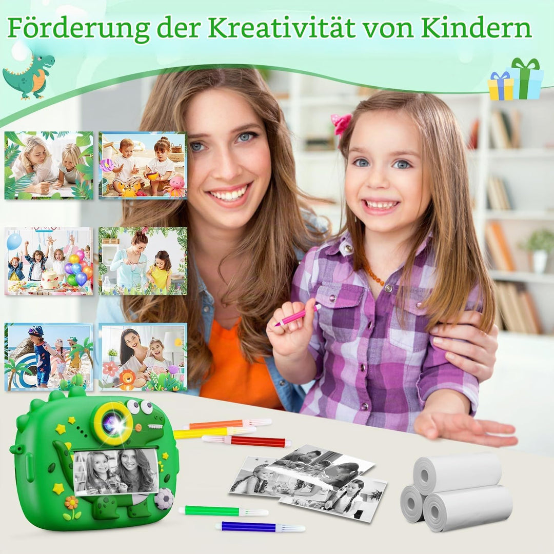 Kinderkamera Sofortbildkamera, 2,4 Zoll Digitalkamera Kinder, Dinosaurier VideoKamera 1080P HD, Sofo