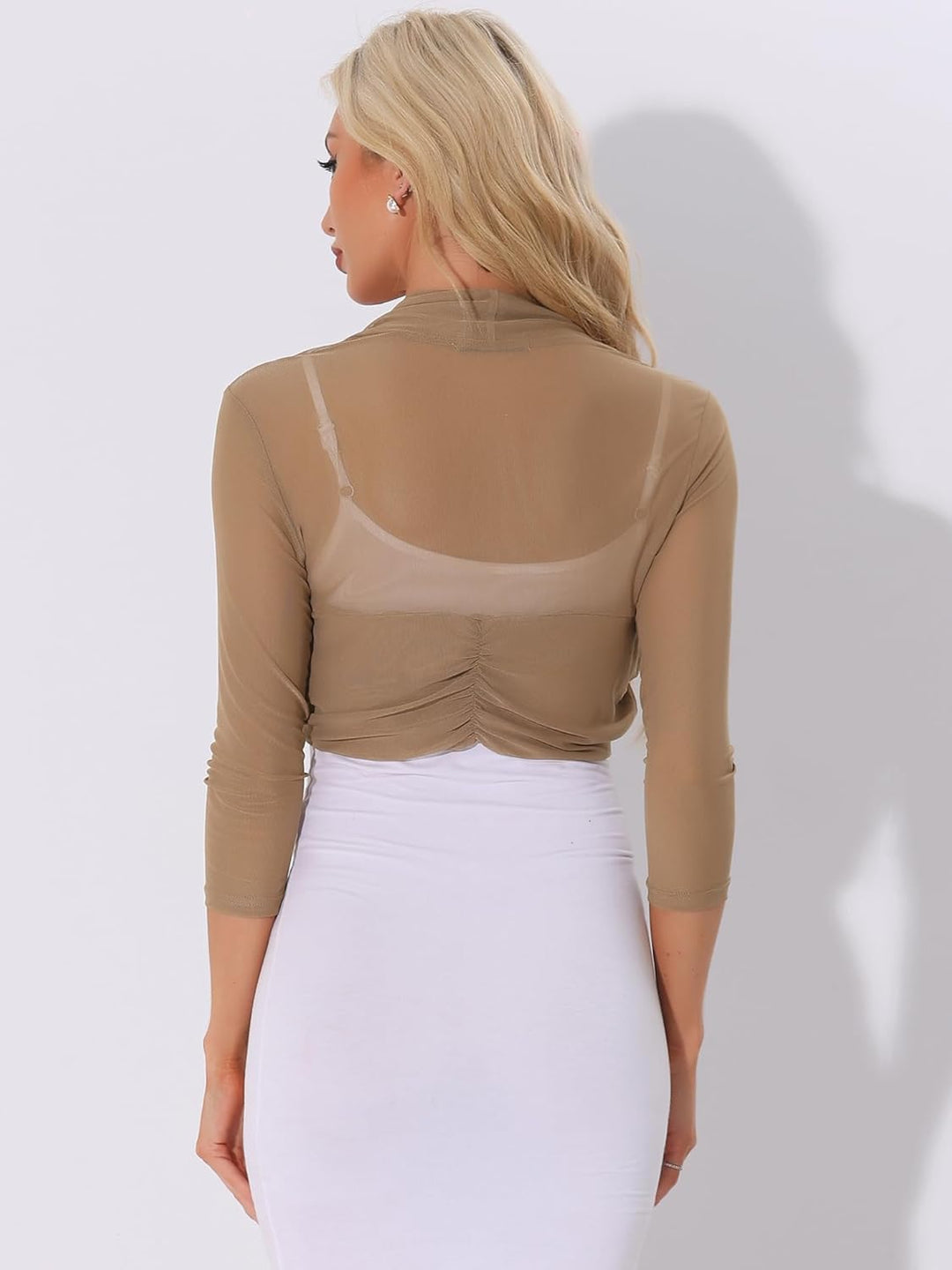 Allegra K Damen Bolero Festlich 3/4 Ärmel Rüschen Mesh Durchsichtig Crop Strickjacke Shrug Boleros S