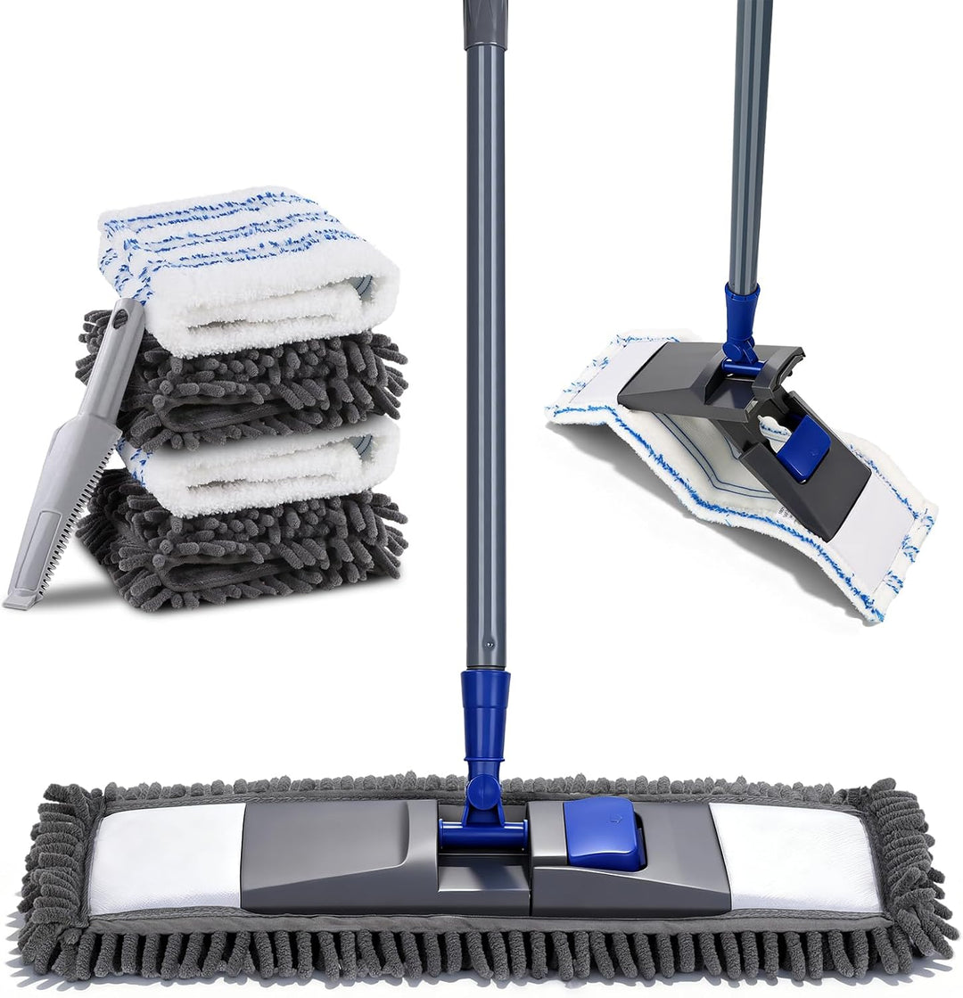 Masthome Flach Bodenwischer Set,128 cm Chenille Flach Wischmopp mit 4 Wischpads,Wischer Set für Schn