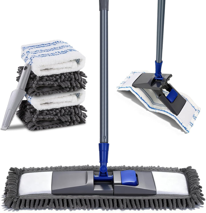 Masthome Flach Bodenwischer Set,128 cm Chenille Flach Wischmopp mit 4 Wischpads,Wischer Set für Schn