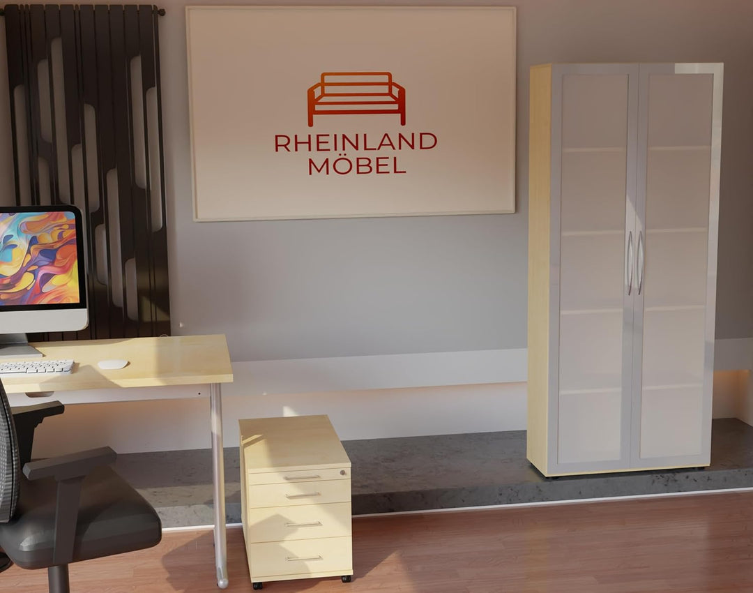 Rollcontainer CADI 43×80×51 cm – abschliessbarer Bürocontainer in Ahorn mit Orga- & 3 Universal-Schu
