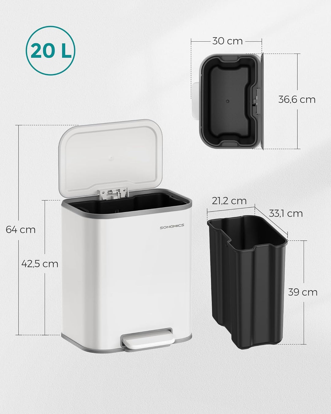 SONGMICS Mülleimer Küche, 20 Liter Abfalleimer mit Deckel, Tretmülleimer, Stahl, Softclose, Offenhal
