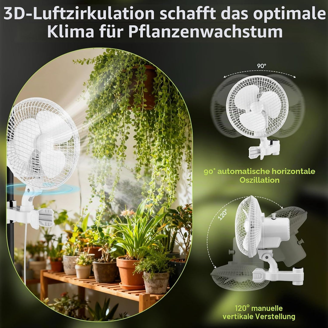 Grow Ventilator mit Clip, 20W Oszillierender Lüfter mit 2-Geschwindigkeiten, 1.5m Kabel, 20cm Durchm