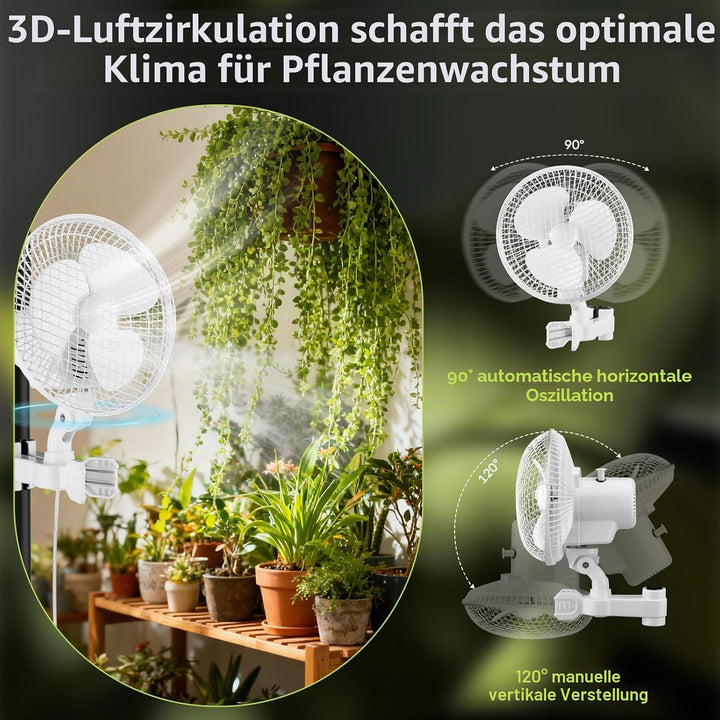 Grow Ventilator mit Clip, 20W Oszillierender Lüfter mit 2-Geschwindigkeiten, 1.5m Kabel, 20cm Durchm