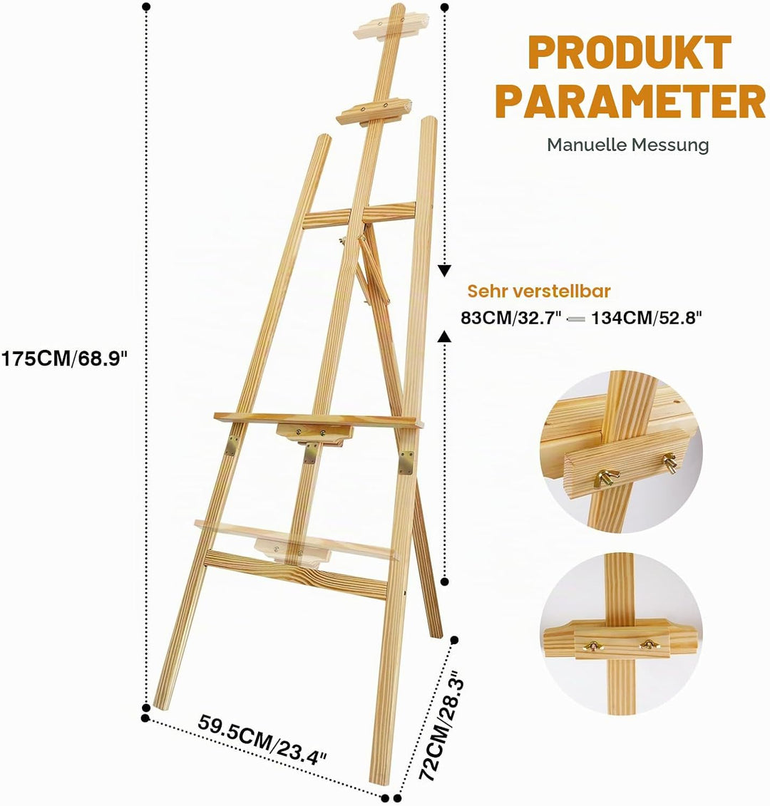 Staffelei Holz Gross 175 cm, A-Rahmen Holzstaffelei Einstellbare Höhe und Winkel, einfach zu montier