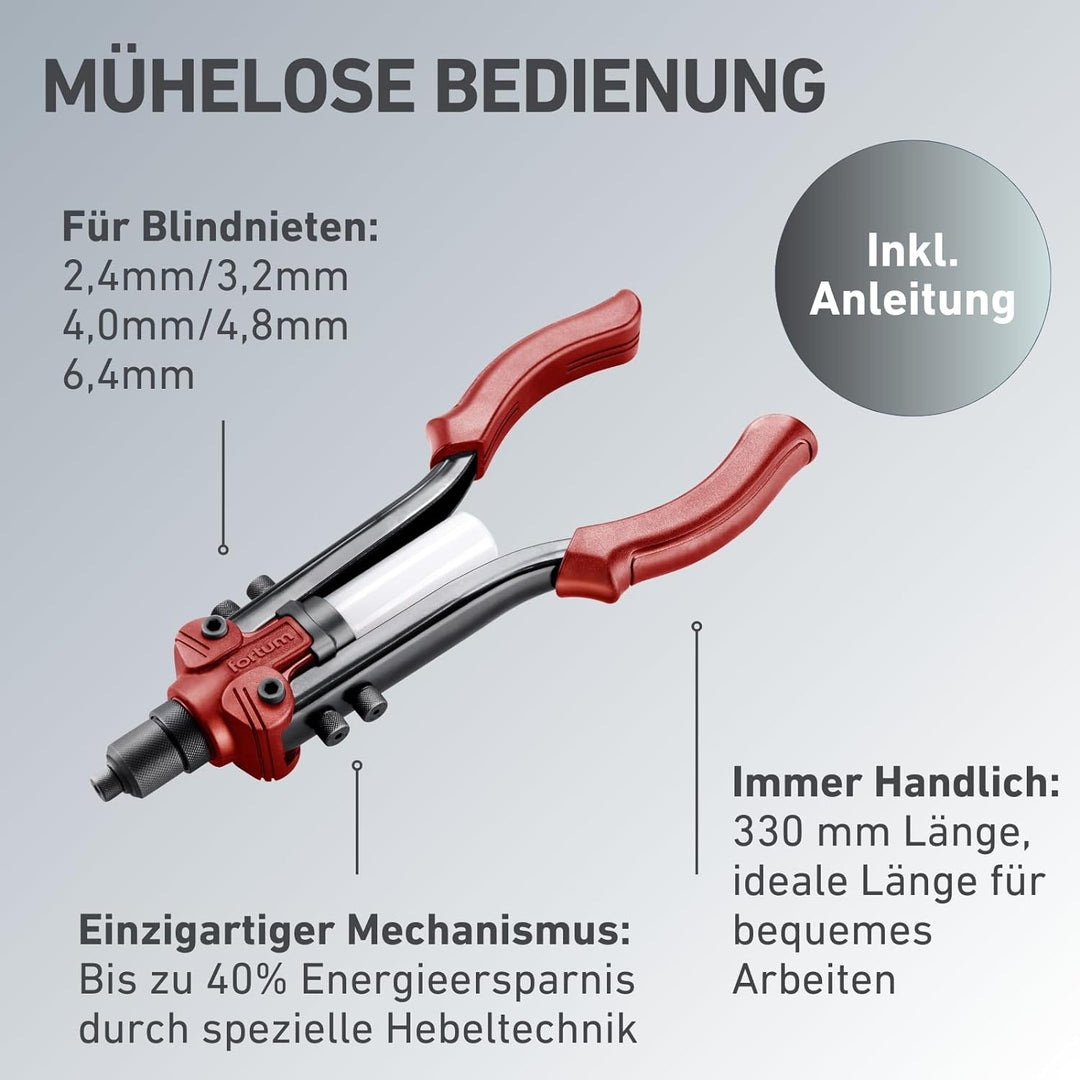 Fortum Hand-Nietzange für Blindnieten I Blindnietzange für 2,4-6,4 mm Nieten aus Alu, Messing, Stahl