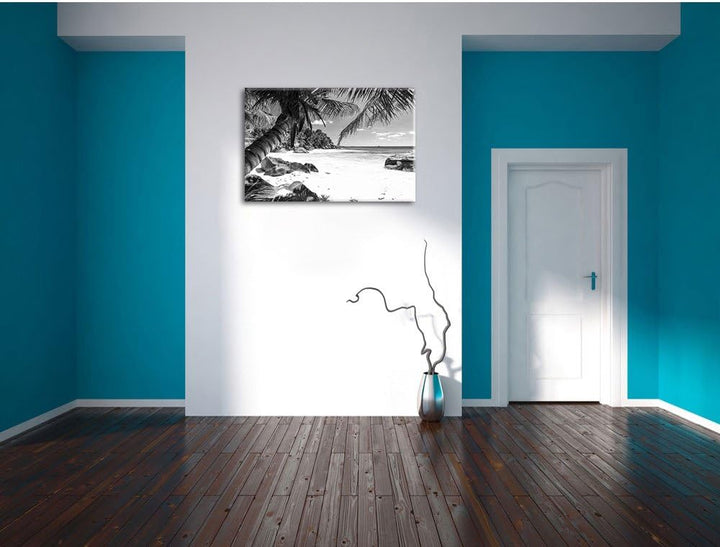 Pixxprint Palmenstrand Seychellen Kunst B&W als Leinwandbild/Grösse: 100x70 / Wandbild/Kunstdruck/fe
